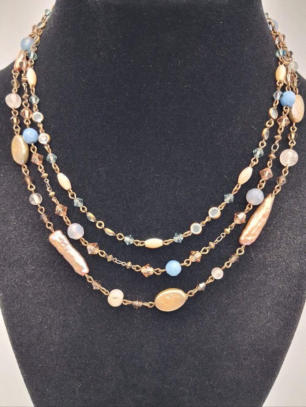PW24. Liz Palacios Multi-Strand Blue and Gold Beaded Women's Necklace